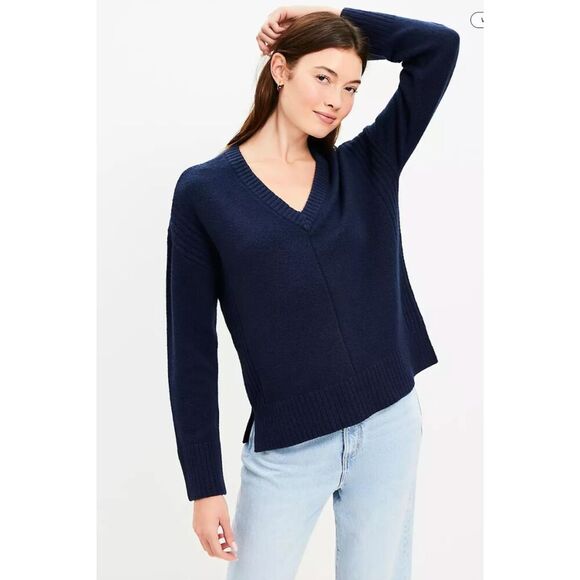 Loft Blue Rib Trim Wide Sleeve V-Neck Sweater Size Small NWT! - Picture 1 of 10
